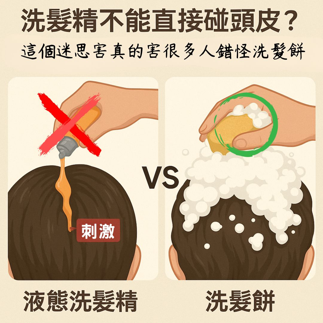 洗髮餅正確用法：圓形洗髮餅直接在頭皮畫圈起泡